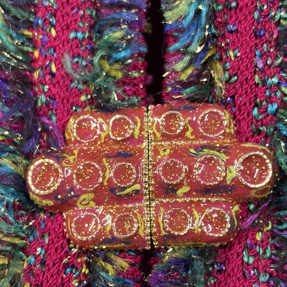 ST. JOHN Womens Suit 10 Jacket 12 Skirt Fuchsia Pink Metallic Shimmer Gold Clasp - Picture 15 of 16